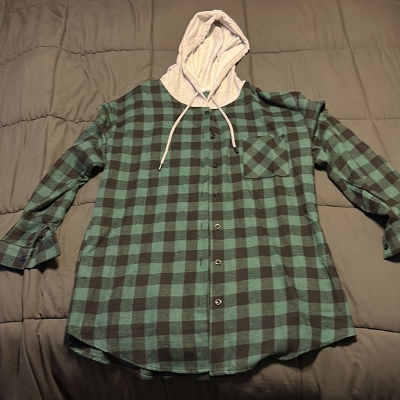 Flannel Button Up Drawstring Hoodie - Picture 3 of 7